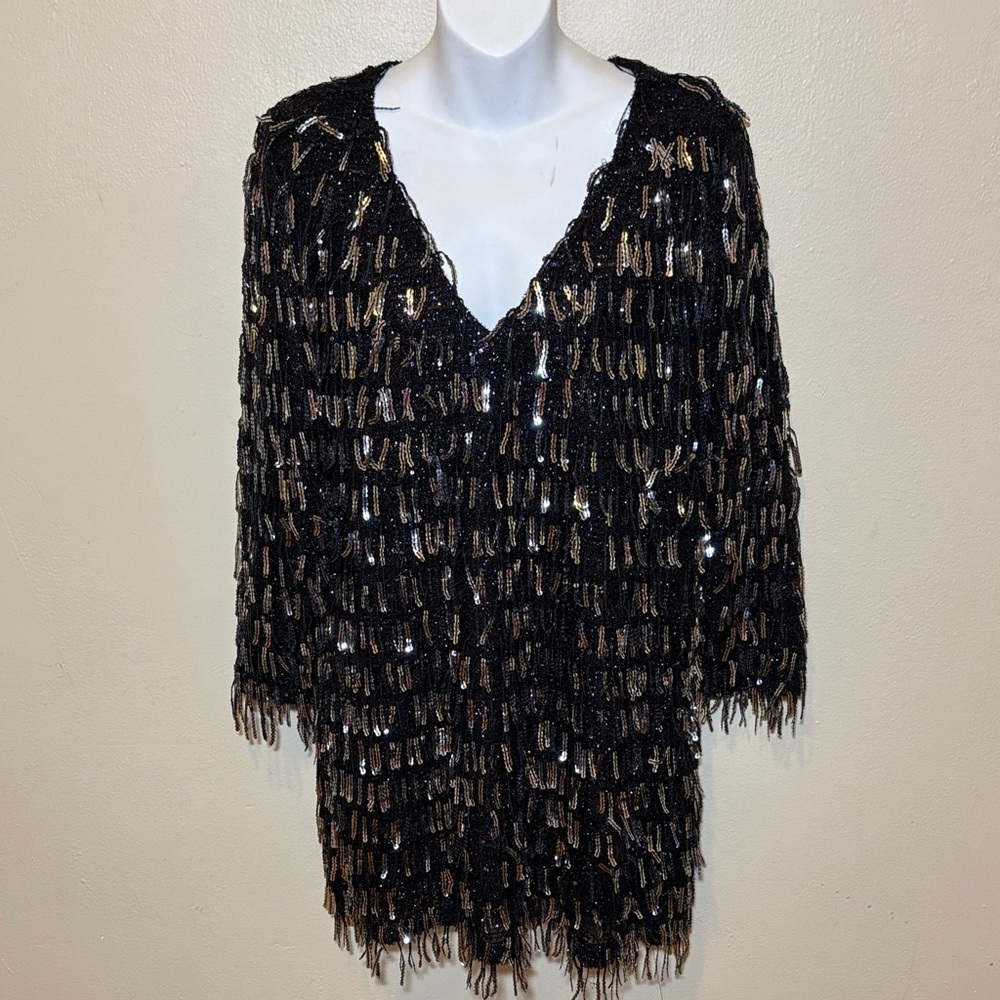 Zara Black and Gold Sequin Fringe V-Neck Tunic
